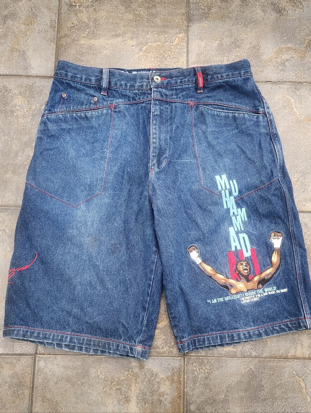 Vintage Y2K Platinum Fubu Men's 40 Muhammad Ali Baggy Embroidered Jean Shorts